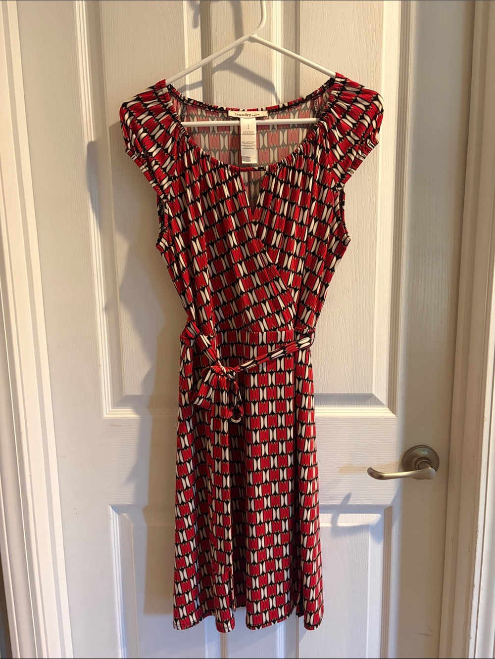 Laundry by Design Red Geometric Cap-Sleeve Wrap Midi Dress